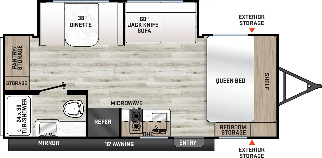 The Catalina Summit Series 7 184MKS floorplan has one entry and one slide out. Exterior features include: metal exterior and 15' awning. Interiors features include: front bedroom.